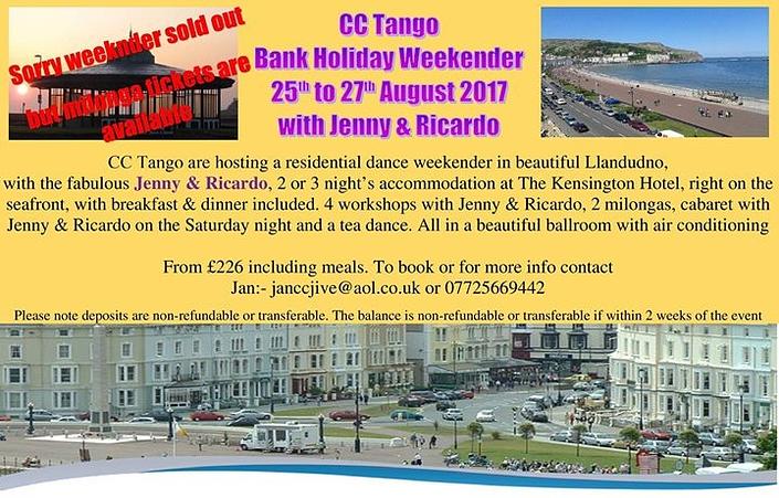 flyer image for CC Tango Llandudno Bank Hol Dance Weekend with Jenny Ricardo