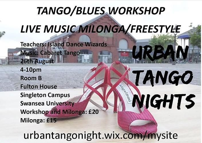 flyer image for Tango Blues Fusion Workshop and Live Music Milonga Freestyle