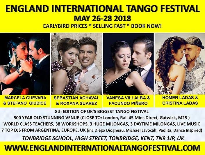 flyer image for England International Tango Festival May 26 28 2018