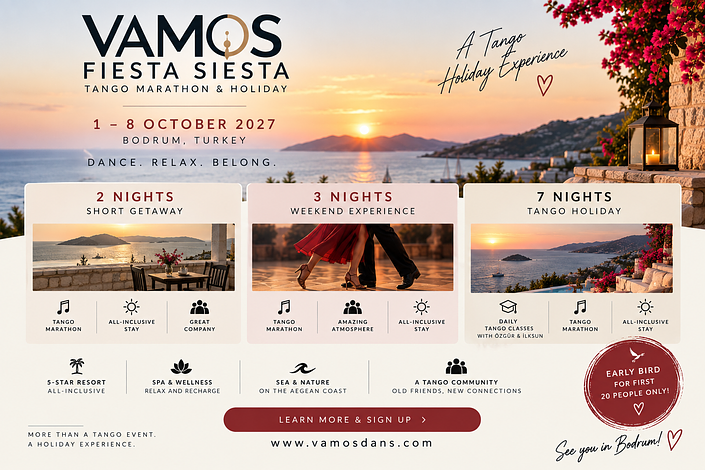 flyer image for Vamos Fiesta Siesta Tango Marathon & Holidays
