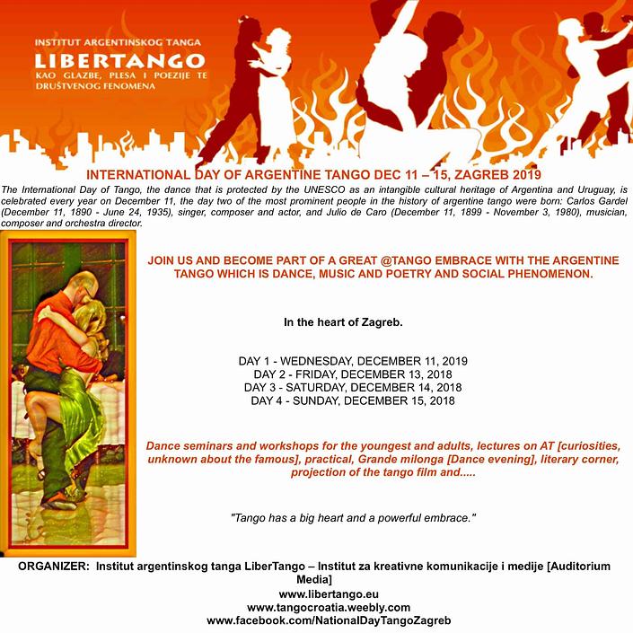 flyer image for International day of argentine tango DEC 11 -16, Zagreb 2019