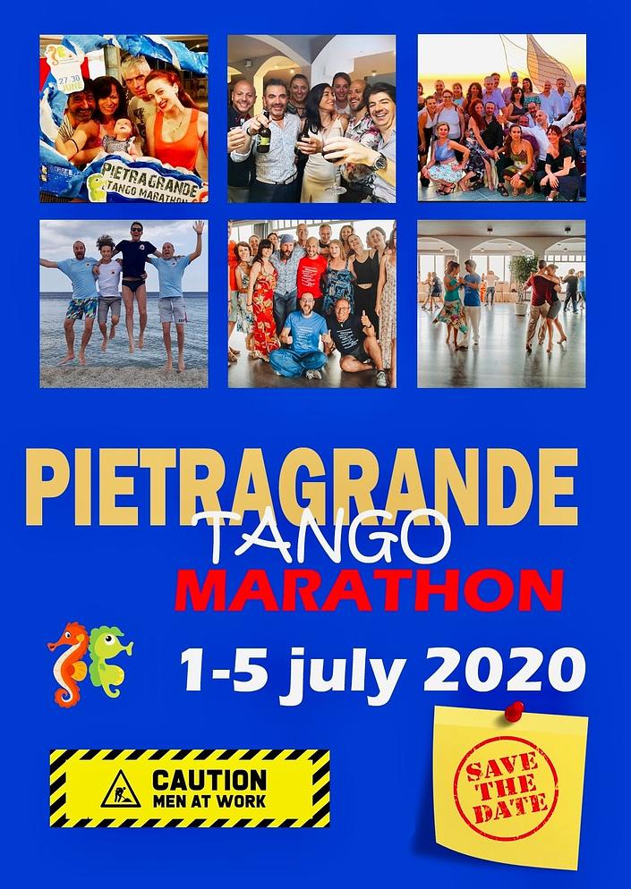 flyer image for PIETRAGRANDE TANGO MARATHON 1 to 5 July 2020 - ITALY summer