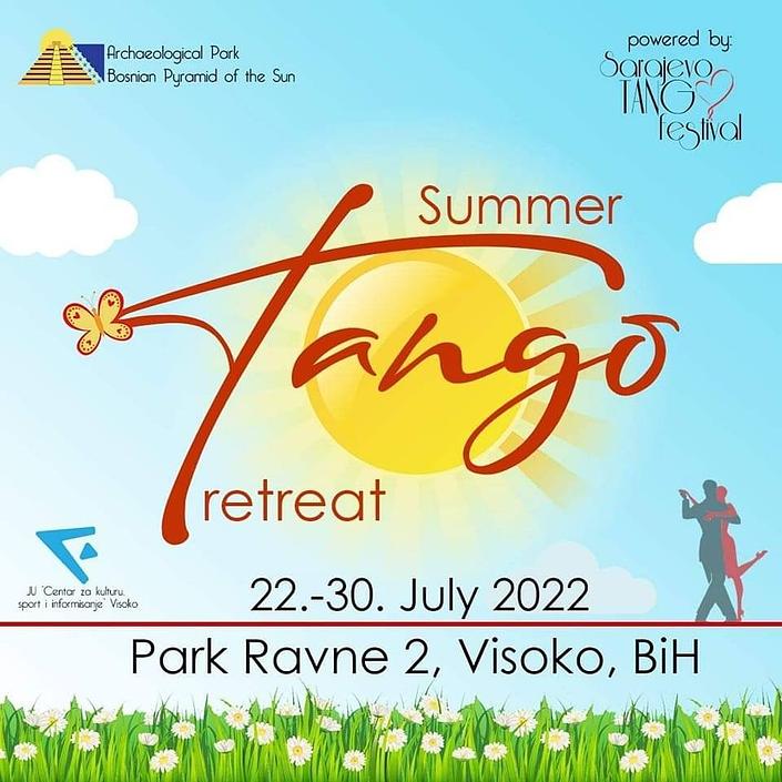 flyer image for Summer Tango Retreat 2022 Bosnian Valley of the Pyramids